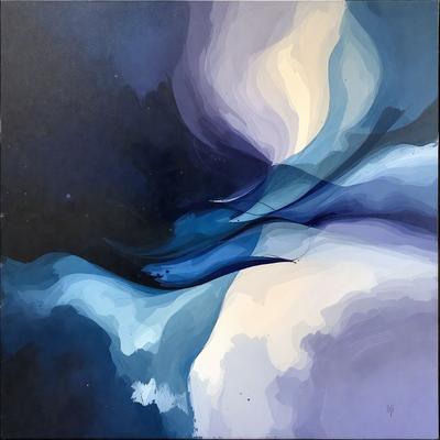 The primary subject of the image is a painting of a blue and white ocean. The setting is a black background, which contrasts with the vibrant colors of the ocean. The visual style is a combination of digital art and illustration, creating a unique and artistic representation of the ocean. The dominant colors are blue and white, which evoke a sense of calmness and tranquility.